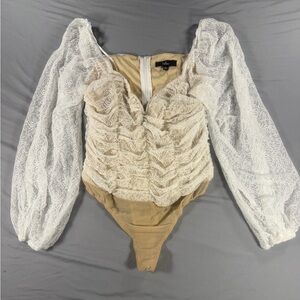 Lulus Ivory Beige Long Sleeve Lace Bodysuit with Zipper Accent for Women Size L